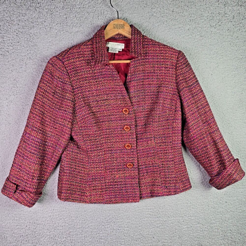 Maggy London Petites Tweed Blazer Red Pink 14 Textured Button Front Classic
